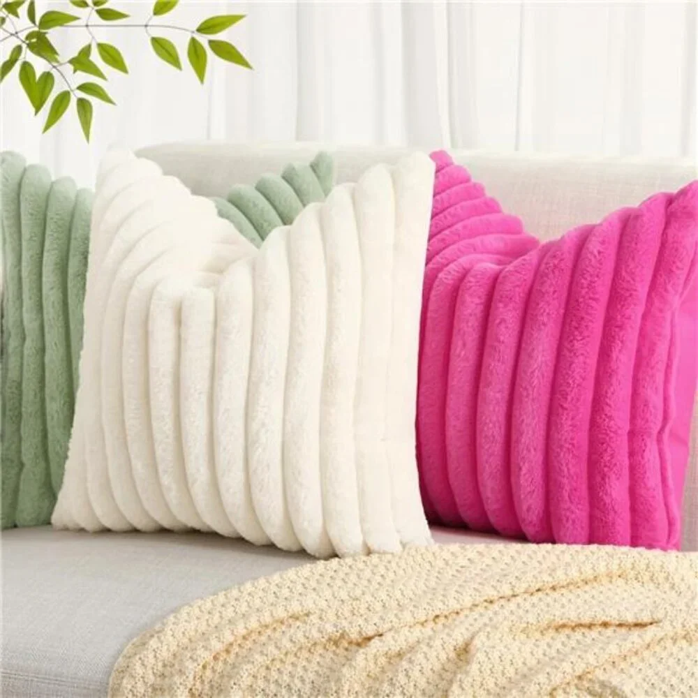 Faux Fur Throw Pillow Covers 18x18 Set of 2 Soft Plush Striped Couch Bed Decor
